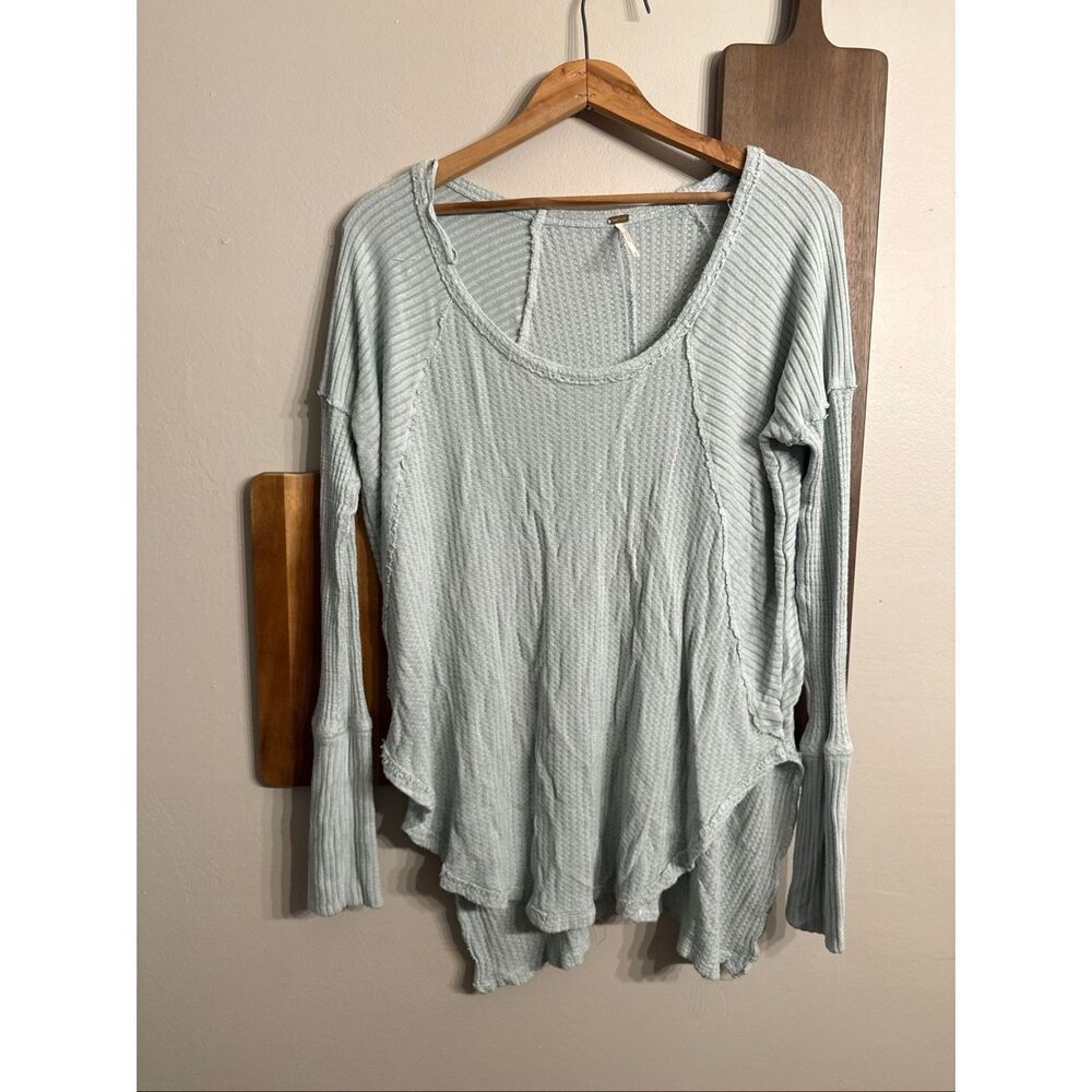 Free People Light Mint Long Sleeve Waffle Knit Drippy Thermal Top‎ Size Medium